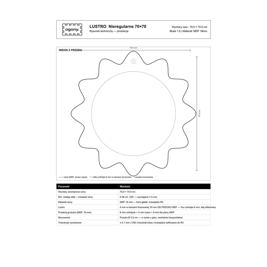 Rysunek techniczny lustra Nieregularne 70x70 cm, wymiary i specyfikacja, rama MDF 18 mm