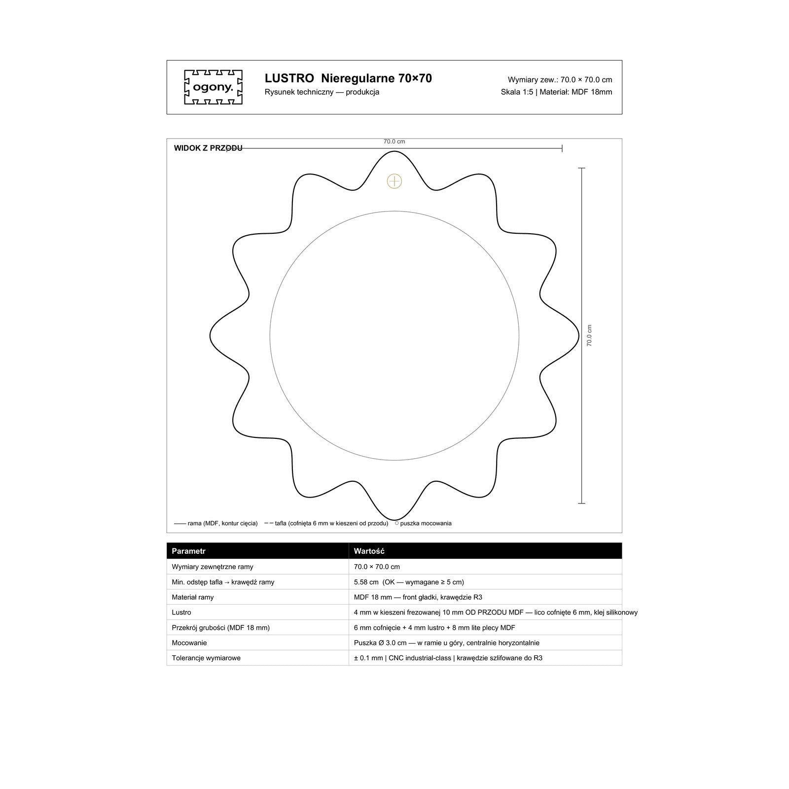 Rysunek techniczny lustra Nieregularne 70x70 cm, wymiary i specyfikacja, rama MDF 18 mm
